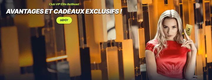 BetBeast Casino bannière du Club VIP Élite avec avantages exclusifs, cadeaux VIP et une femme tenant une carte de fidélité gold